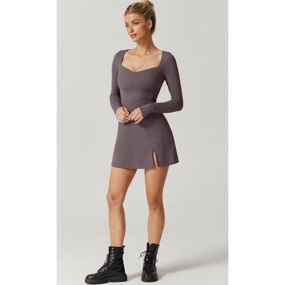 New  QINSEN Women's Sweettheart Neckline Long Sleeve Dress Side Slit Medium - Picture 5 of 6